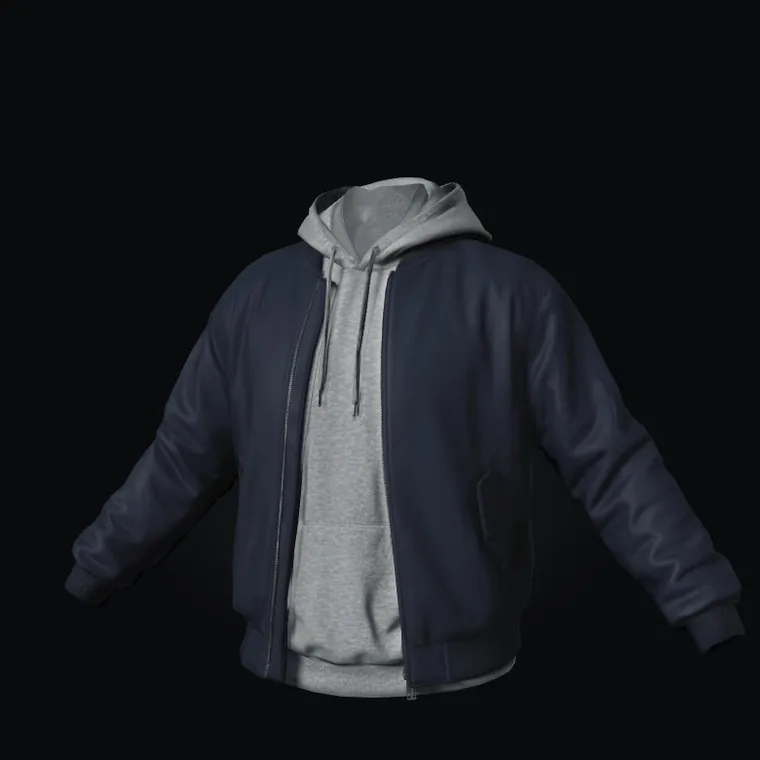 3D navy bomber jacket over a grey hoodie